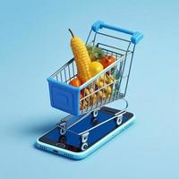 Shopping cart on mobile phone screen, blue background. AI photo