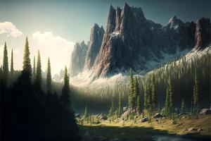 Landscape with forest, mountain and sky with clouds. AI photo