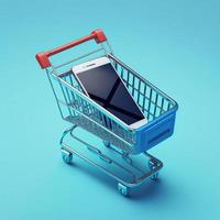 Shopping cart with cell phone inside, background. AI photo