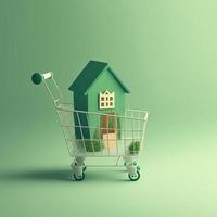 Shopping cart with house inside, illustration, green background. AI photo