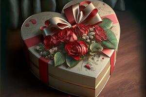 Heart-shaped gift box, red roses, bow. Valentine's Day. photo