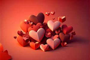 Many red hearts, 3D , red background, valentine's day. AI photo