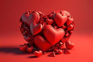 Many red hearts, 3D , red background, valentine's day. AI photo