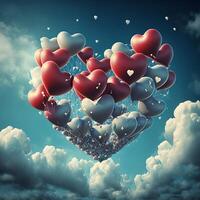 un manojo de vistoso en forma de corazon globos en el cielo con nubes, San Valentín día. generativo ai foto