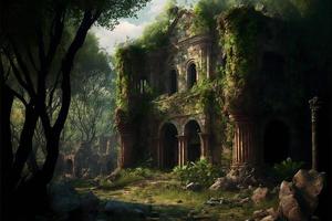 Ancient temple ruins in the middle of the forest. AI photo