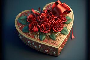 Heart-shaped gift box, red roses, bow. Valentine's Day. photo