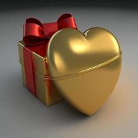 Golden gift box, with bow and heart, valentine's day. AI photo