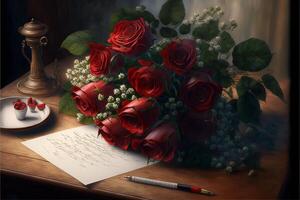 Flowers, red roses with love letter on the table, valentine's day. AI photo