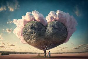 Heart-shaped tree landscape , open sky, Valentine's Day. AI photo