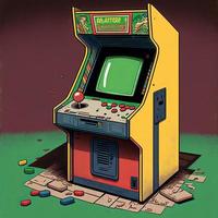 Retro arcade machine illustration, 80s, nostalgia. AI photo