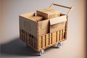 Shopping cart full of cardboard boxes, background. AI photo