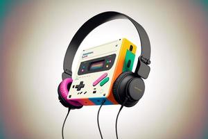 Walkman and colorful headset, 80s, retro. AI photo