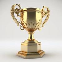 Golden trophy with reflections, white background. AI digital illustration photo