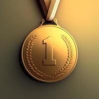 Gold medal with number 1, illustration, yellow background. AI photo