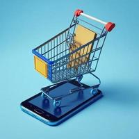 Shopping cart on mobile phone screen, blue background. AI photo