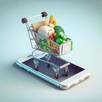 Shopping cart on mobile phone screen, blue background. AI photo