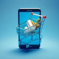Shopping cart on mobile phone screen, blue background. AI photo