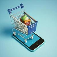 Shopping cart on mobile phone screen, blue background. AI photo