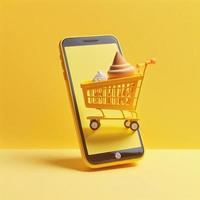 Shopping cart on mobile phone screen, yellow background. AI photo