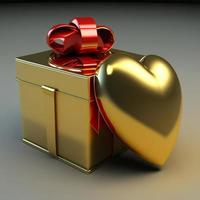 Golden gift box, with bow and heart, valentine's day. AI photo