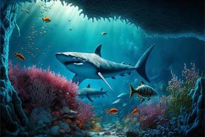 Seabed with sharks, fish and corals. Marine life. AI photo