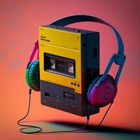 Walkman and colorful headset, 80s, retro. AI photo