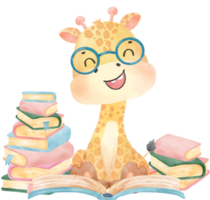 linda contento jirafa niño animal espalda a colegio con bolso y libros, niños acuarela ilustración png