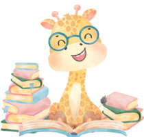 cute happy giraffe kid animal back to school with bag and books, children watercolour illustration png