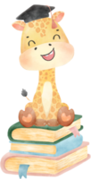 linda contento jirafa niño animal espalda a colegio con bolso y libros, niños acuarela ilustración png