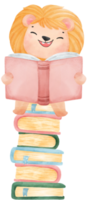 carino acquerello bambino Leone animale ragazzo lettura prenotare, indietro per scuola cartone animato personaggio illustrazione png