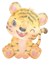 cute happy playful baby tiger watercolour kid animals wildlife cartoon painting illustration png