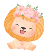 Cute sweet happy baby lion with floral crown watercolour kid animal illustration png