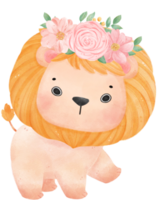 Cute sweet happy baby lion with floral crown watercolour kid animal illustration png