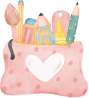 cute pastel school pencil stationary girly pouch bag  stationary cartoon  watercolour illustration png