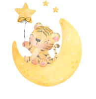 söt ljuv oskuld bebis tiger på drömmande halvmåne måne fas unge barnkammare vattenfärg illustration png