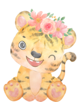 cute baby playful tiger with floral crown, whimsical children animal watercolour illustration png