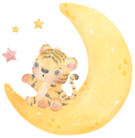 schattig zoet onschuld baby tijger Aan dromerig halve maan maan fase kind kinderkamer waterverf illustratie png