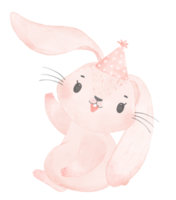 adorable capricieux content bébé rose lapin lapin avec coloré fête chapeau, les enfants aquarelle illustration png