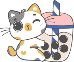 kawaii marrant bulle thé chat amoureux, mignonne boba thé chaton dessin animé griffonnage main dessin png