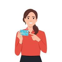 Professional young businesswoman showing or holding credit or debit or ATM banking card and pointing hand finger towards, presenting or introducing something. vector