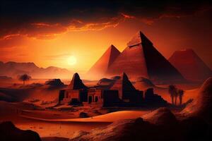 Pyramids at sunset, Cairo, Egypt. Fantasy Egyptian landscape, . Digital Art Illustration photo