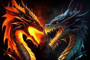 Two fire breathing dragons. Dragons fighting. . Digital Art Illustration photo