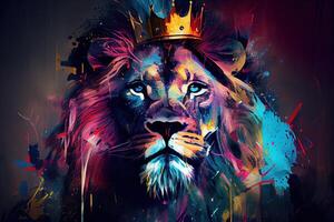 Colorful art of a lion with a crown. Abstract painting concept. . Digital Art Illustration photo