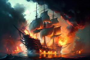 Pirate ship destroyed in flames after battle at sea. . Digital Art Illustration photo