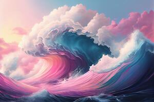 Image of a wave of water and clouds in pastel colors and a pink and blue hued background. . Digital Art Illustration photo