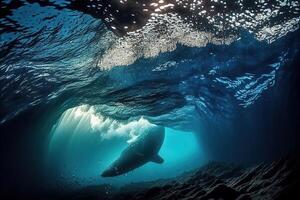 un escafandra autónoma diversos submarino fotografía de olas en el canario de la isla atlántico océano. profundo azul arte, generativo ai. digital Arte ilustración foto
