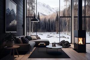 Modern Living Room and Fireplace. Snowy Mountain Views from the Windows, forest challet interior in Winter. . Digital Art Illustration photo