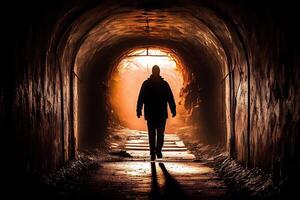el retroiluminado silueta de un del hombre viaje mediante un oscuro túnel. generativo ai. digital Arte ilustración foto