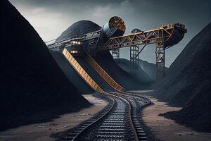 Opencast mine belt conveyor coal, stones transport at mining industry factory. . Digital Art Illustration photo