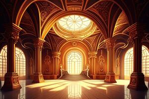 Fantasy palace interior with golden decor and castle. . Digital Art Illustration photo